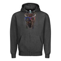 Charcoal Heather bison with american flag glasses Zipper Hoodie - RanaPortraitStore