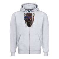 Heather Grey bison with american flag glasses Zipper Hoodie - RanaPortraitStore