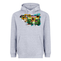 Heather Grey Oklahoma Map Sunflower Cactus Serape Heavyweight Hoodie - RanaPortraitStore