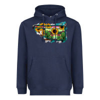 Navy Oklahoma Map Sunflower Cactus Serape Heavyweight Hoodie - RanaPortraitStore