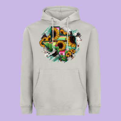 Texas Map Sunflower Cactus Serape Heavyweight Hoodie Designed By Ranaportraitstore