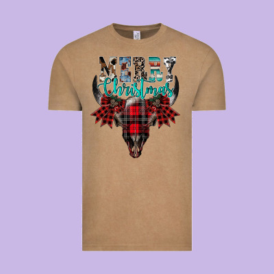 Merry Christmas Bull Skull Vintage Tee Designed By Cowhidedigitalart