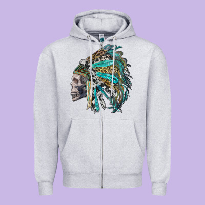 Western Indian Headdress With Skull Zipper Hoodie Designed By Ranaportraitstore