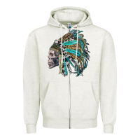 Oatmeal Heather western indian headdress with skull Zipper Hoodie - RanaPortraitStore