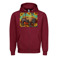 Burgundy western bison with sunset background Zipper Hoodie - RanaPortraitStore
