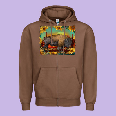 Western Bison With Sunset Background Zipper Hoodie Designed By Ranaportraitstore