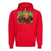 Red western bison with sunset background Zipper Hoodie - RanaPortraitStore