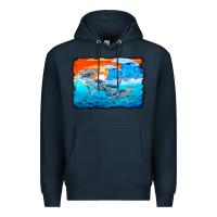 Navy humpback whale and wave background Premium Hoodie - BarkalooDesign