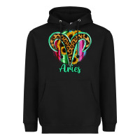 Black Aries Zodiac Sign Sunflower Leopard Serape Heavyweight Hoodie - RanaPortraitStore