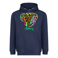Navy Aries Zodiac Sign Sunflower Leopard Serape Heavyweight Hoodie - RanaPortraitStore
