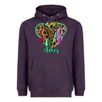 Plum Aries Zodiac Sign Sunflower Leopard Serape Heavyweight Hoodie - RanaPortraitStore