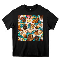 Black bakery coffee cups cookie and donut with turquoise glitter seamless pa Heavy Core Tee - BundleAndBundleShop