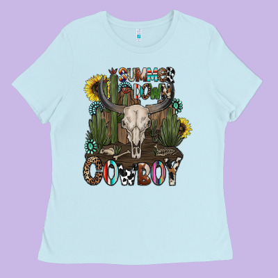 Summer Down Cowboy Ladies Tee Designed By Cowhidedigitalart