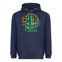 Navy Libra Zodiac Sign Sunflower Leopard Serape Heavyweight Hoodie - RanaPortraitStore