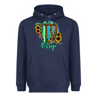 Navy Virgo Zodiac Sign Sunflower Leopard Serape Heavyweight Hoodie - RanaPortraitStore