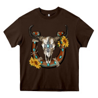 Chocolate Brown bull skull with horseshoe Heavy Core Tee - RanaPortraitStore