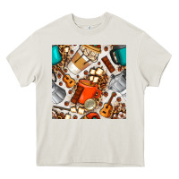 Cream camping coffee cups marshmallow and moka pot with leopard seamless pat Heavy Core Tee - BundleAndBundleShop