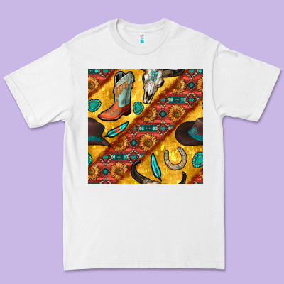 Western Cowboy Bull Skull Seamless Pattern Premium Tee Designed By Bundleandbundleshop