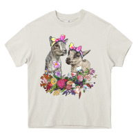 Cream floral baby goats Heavy Core Tee - RanaPortraitStore