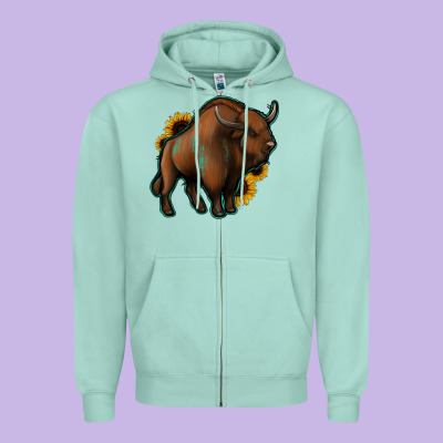 Western  Bison Zipper Hoodie Designed By Jasminsmagicworld