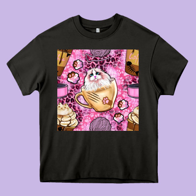 Cat Coffee Cups And Paw With Leopard And Glitter Seamless Pattern Bbs Heavy Core Tee Designed By Bundleandbundleshop