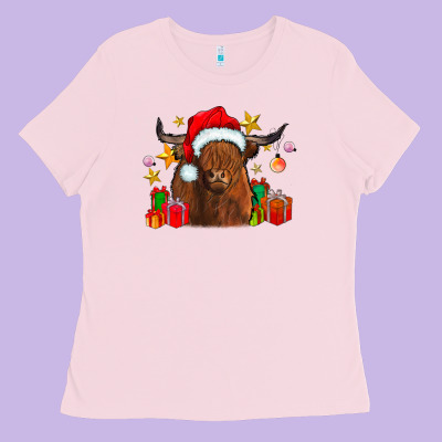 Festive Highland Cow Ladies Tee Designed By Cowhidedigitalart