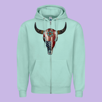 American Bull Skull Gemstone Zipper Hoodie Designed By Jasminsmagicworld