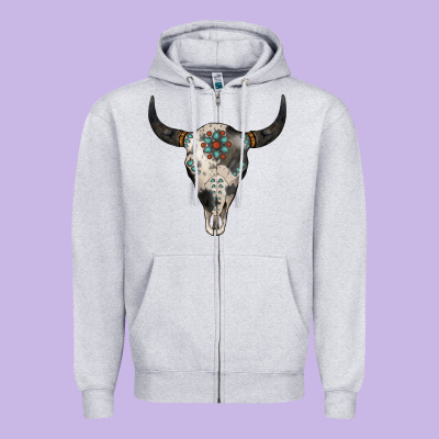 Cowhide Bull Skull Zipper Hoodie Designed By Jasminsmagicworld