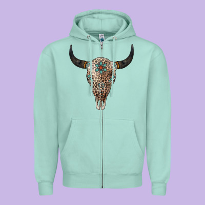 Leopard Bull Skull Zipper Hoodie Designed By Jasminsmagicworld