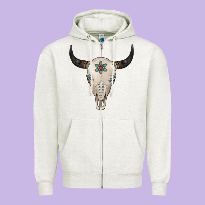 Turquoise Bull Skull Zipper Hoodie Designed By Jasminsmagicworld