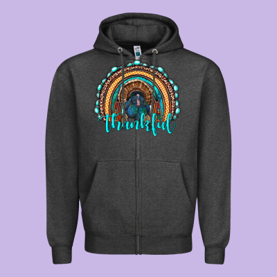 Western Thanksgiving Rainbow With Turkey Zipper Hoodie Designed By Ranaportraitstore