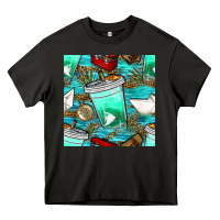 Asphalt fish coffee cups and reeds with paper boat and leopard lake seamless p Heavy Core Tee - BundleAndBundleShop