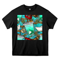 Black fish coffee cups and reeds with paper boat and leopard lake seamless p Heavy Core Tee - BundleAndBundleShop