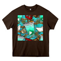 Chocolate Brown fish coffee cups and reeds with paper boat and leopard lake seamless p Heavy Core Tee - BundleAndBundleShop