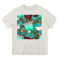 Fish Coffee Cups And Reeds With Paper Boat And Leopard Lake Seamless P Heavy Core Tee | Teevron