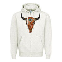 Oatmeal Heather Western Tooled Leather Bull Skull Zipper Hoodie - Jasminsmagicworld