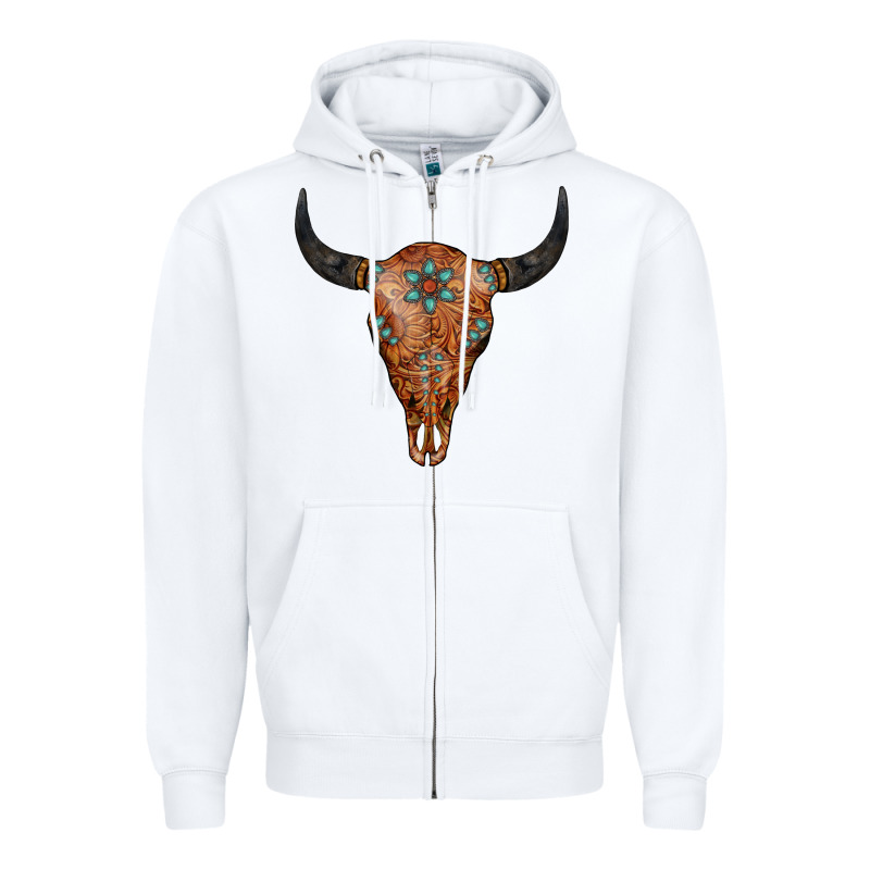 Western Tooled Leather Bull Skull Zipper Hoodie by Jasminsmagicworld | Teevron
