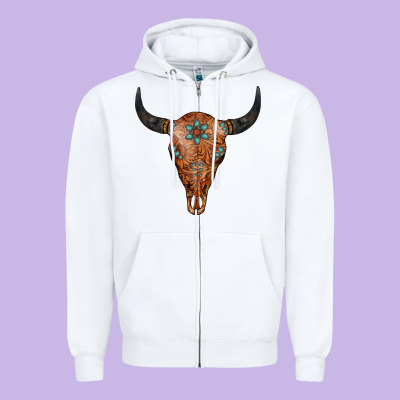 Western Tooled Leather Bull Skull Zipper Hoodie Designed By Jasminsmagicworld