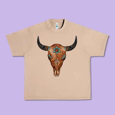 Western Tooled Leather Bull Skull Urban Heavy Tee Designed By Jasminsmagicworld