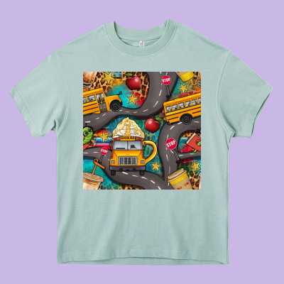 School Bus Coffee And Star With Leopard Seamless Pattern Bbs Heavy Core Tee Designed By Bundleandbundleshop