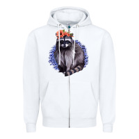 White Classy But A Little Thrashy Racoon With Flowers Zipper Hoodie - Jasminsmagicworld