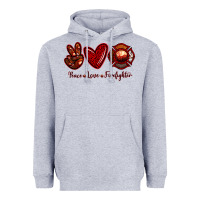 Heather Grey Peace Love Firefighter Heavyweight Hoodie - RanaPortraitStore