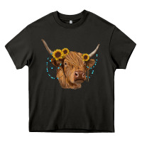 Asphalt highland cow with sunflowers turquoise Heavy Core Tee - RanaPortraitStore