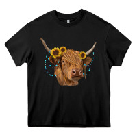 Black highland cow with sunflowers turquoise Heavy Core Tee - RanaPortraitStore