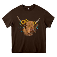 Chocolate Brown highland cow with sunflowers turquoise Heavy Core Tee - RanaPortraitStore