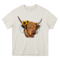 Cream highland cow with sunflowers turquoise Heavy Core Tee - RanaPortraitStore