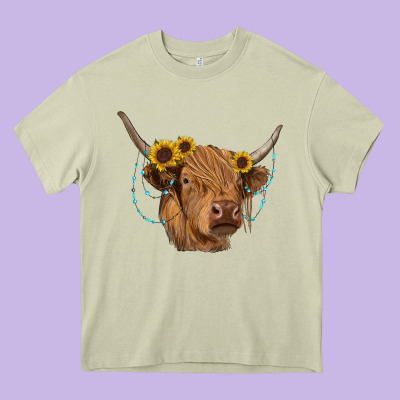 Highland Cow With Sunflowers Turquoise Heavy Core Tee Designed By Ranaportraitstore