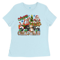 Baby Blue Merry Christmas  tractor Ladies Tee - CowhideDigitalArt