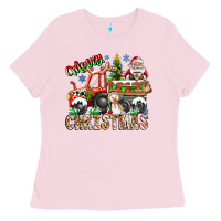 Bubblegum Pink Merry Christmas  tractor Ladies Tee - CowhideDigitalArt