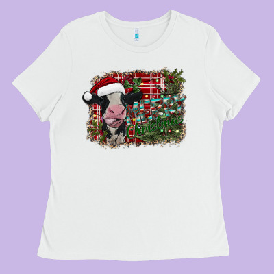 Merry Christmas Cow Ladies Tee Designed By Cowhidedigitalart